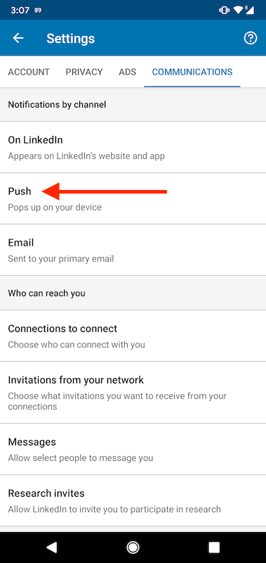 LinkedIn Android App Customize Push Notifications