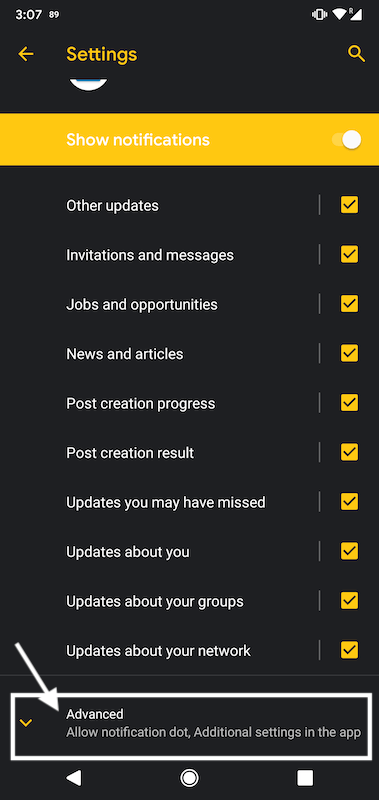 LinkedIn Android app notification settings