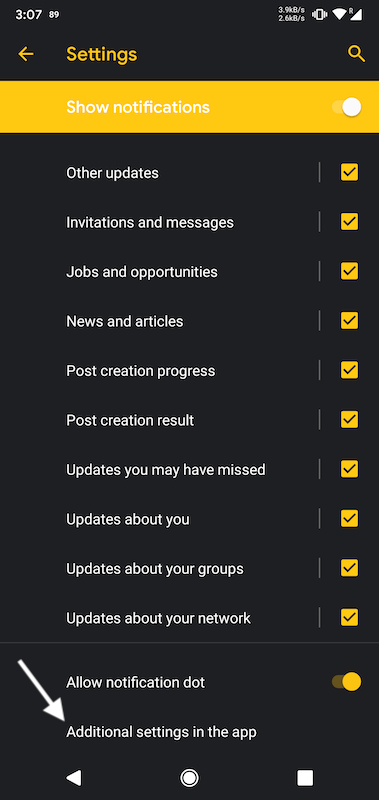 LinkedIn Android app notification settings