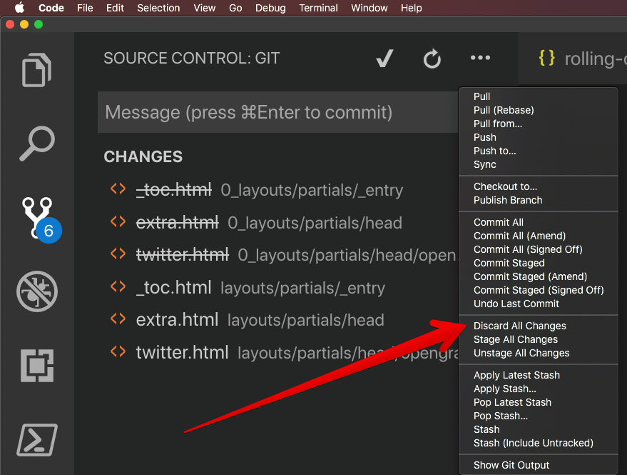 how to discard git changes in Visual Studio Code